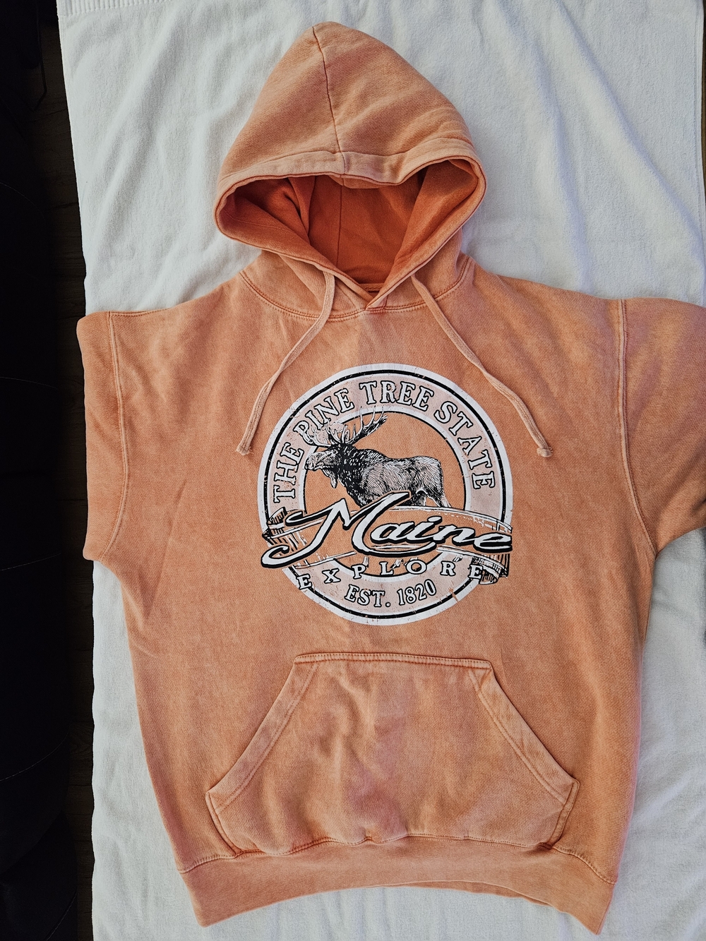 The U.S. Vintage Maine Moose Graphic Hoodie Orange Acid Wash Large